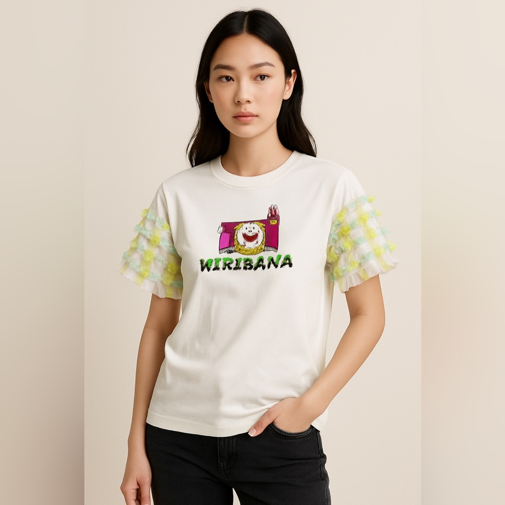 COLOR MIKIBANA Graphic Tee with Statement Mesh Ribbon Sleeves – Size L